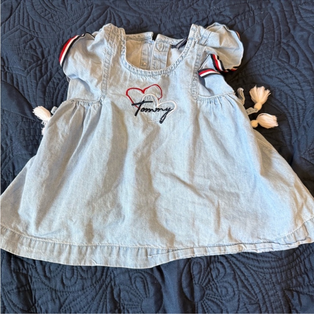 Tommy Hilfiger Light Denim Girls Dress with Red & Navy Heart Detail